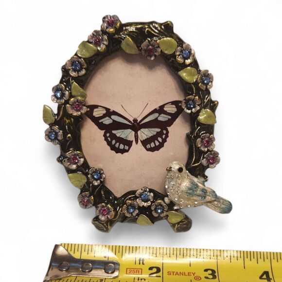 Vintage Enameled & Jeweled Picture Frame, 4"H, Flowers & Blue Bird – Butterfly - Picture 6 of 8
